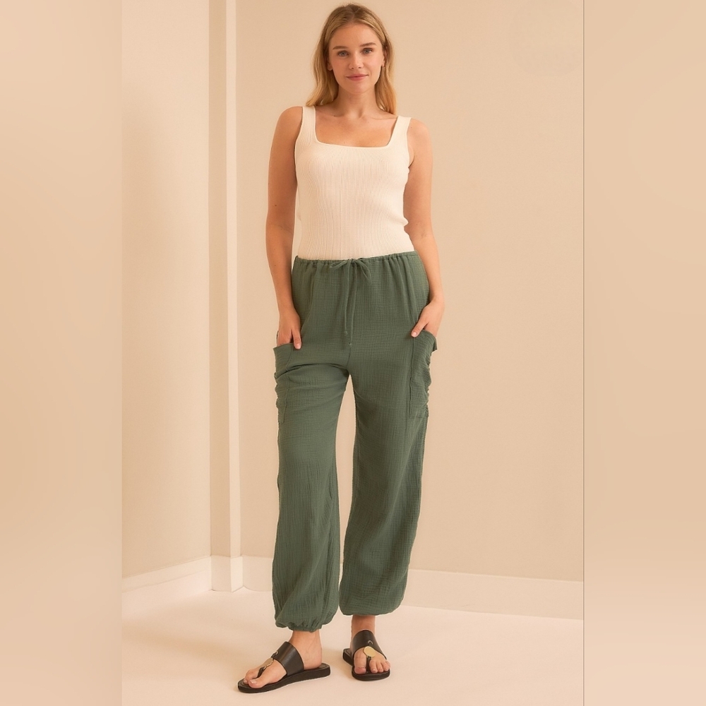 🐧#1252 WASABI + MINT Evergreen Gauze Cargo Jogger Pants - Picture 4 of 4
